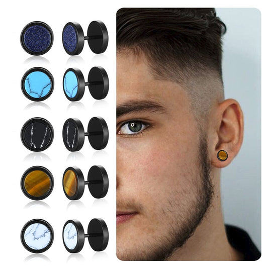 MENS SCREW STUD RETRO TIGEREYE STONE EARRING STAINLESS STEEL PLUG BARBELL EARRINGS STUDS (PAIR OF) 10MM