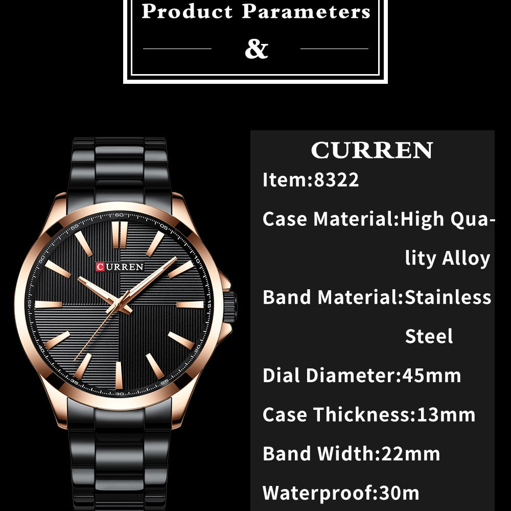 CURREN Men Watches Luxury Branded Stainless Steel Fashion Business Mens Watch Quartz  Wristwatch Man Clock Waterproof