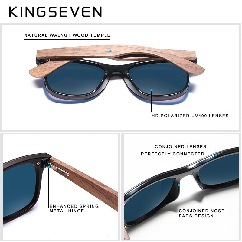 KINGSEVEN Mens Sunglasses Polarized Walnut Wood Mirror Lens Sun Glasses Women Brand Design Colorful Shades Handmade