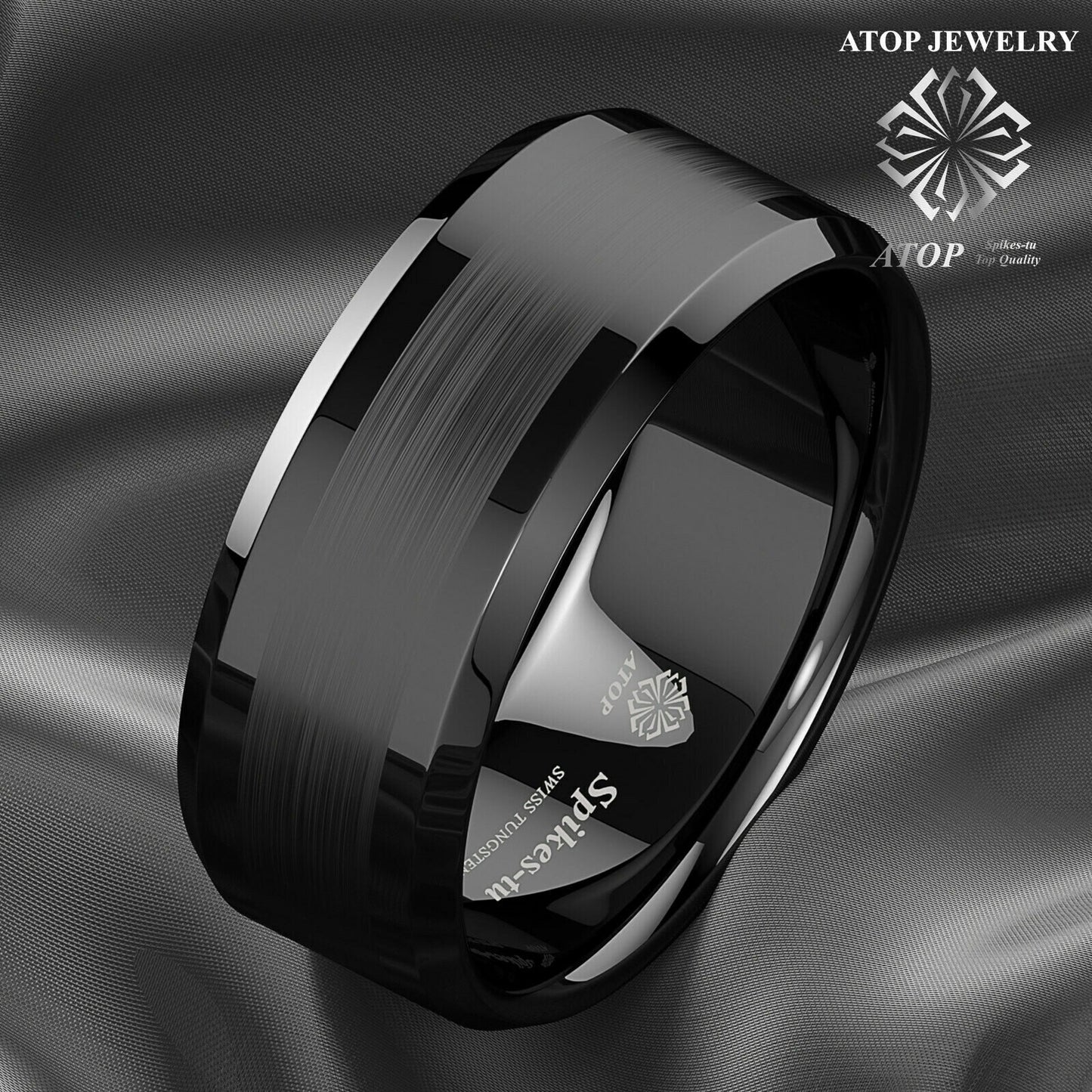 8Mm ATOP Brushed Center black Tungsten Carbide ring Wedding Band Mens Jewelry