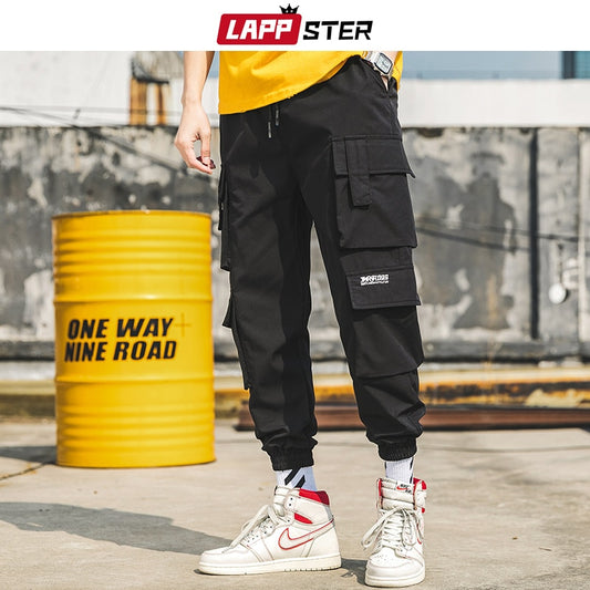 LAPPSTER Men Black Embroidery Joggers Pants 2022 Man Streetwear Cargo Pants Male Pocket Sweatpants Grey Tactical Pants Plus Size