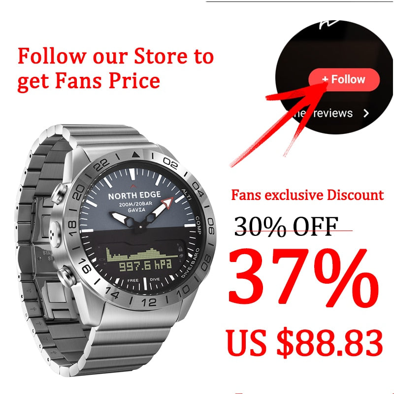 Men Dive Sports Digital watch Mens Watches Military Army Luxury Full Steel Business Waterproof 200m Altimeter Compass NORTH EDGE