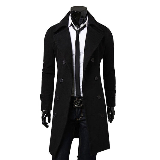 Mens Double-Breasted Long Trench Coat