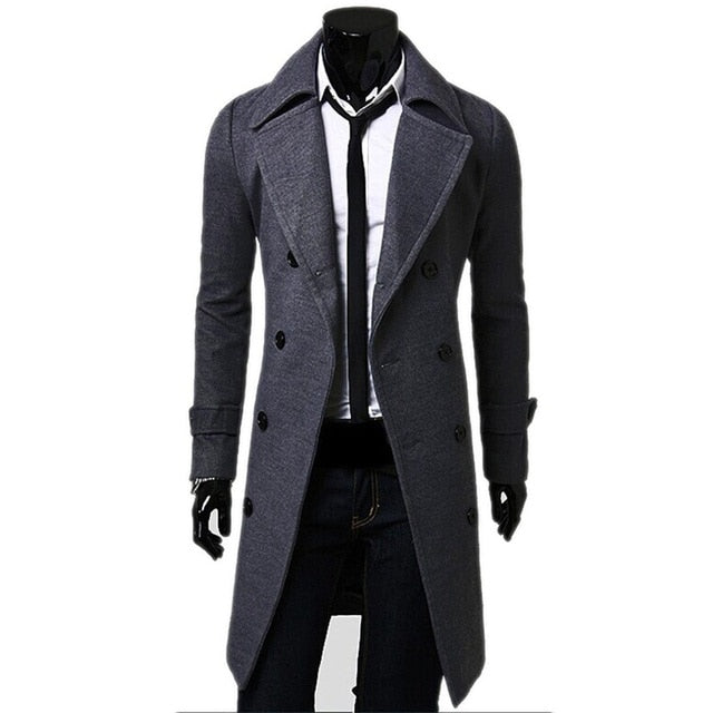 Mens Double-Breasted Long Trench Coat