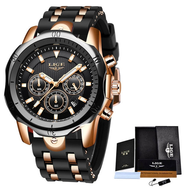 Lige Black ANd Gold Mens Waterproof Watch