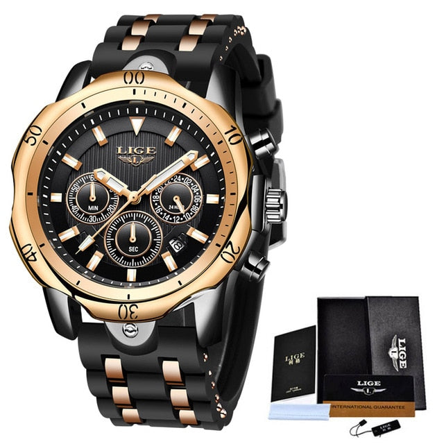 Lige Black ANd Gold Mens Waterproof Watch