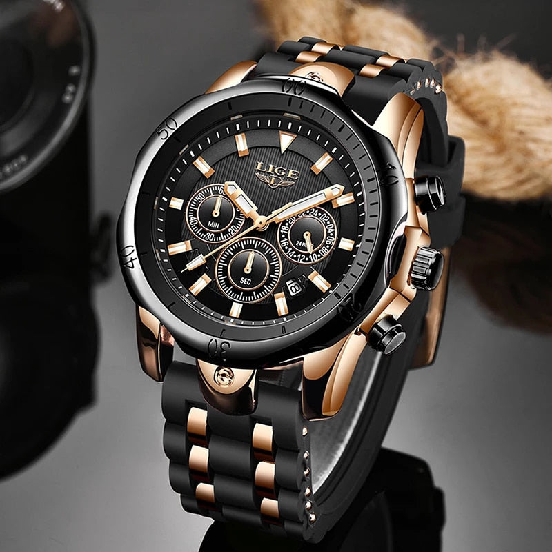 Lige Black ANd Gold Mens Waterproof Watch