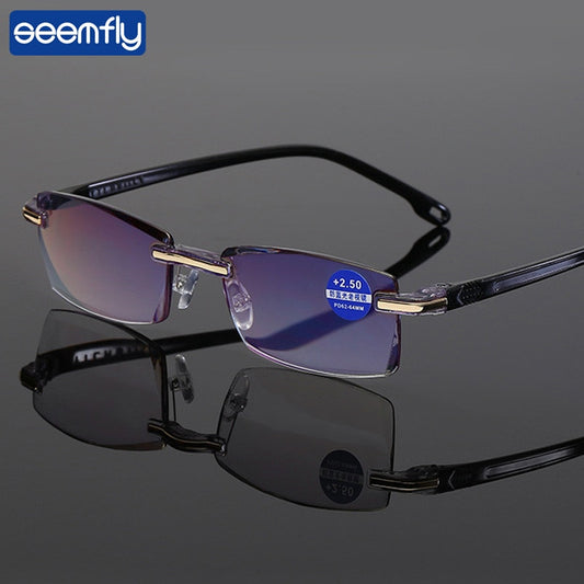 seemfly Reading Glasses Men Anti Blue Rays Presbyopia Goggles Women Vintage Rimless Eyewear Diopter +1.0 1.5 2.0 2.5 3.0 3.5 4.0