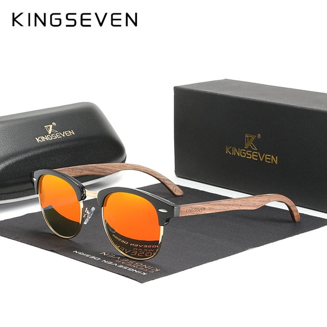 KINGSEVEN Handmade 2021 Black Walnut Wooden Sunglasses Men Polarized UV400 Protection Semi-Rimless Retro Eyewear Women Oculos