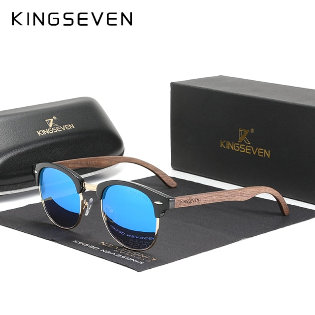 KINGSEVEN Handmade 2021 Black Walnut Wooden Sunglasses Men Polarized UV400 Protection Semi-Rimless Retro Eyewear Women Oculos