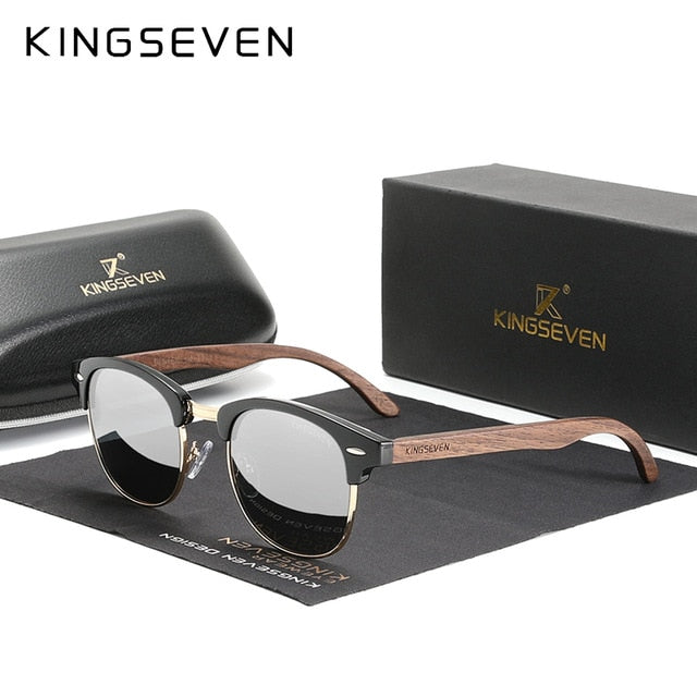 KINGSEVEN Handmade 2021 Black Walnut Wooden Sunglasses Men Polarized UV400 Protection Semi-Rimless Retro Eyewear Women Oculos