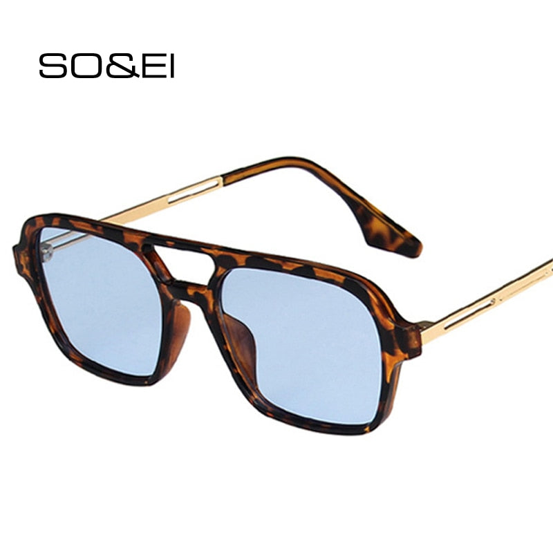 SO&EI Retro Double Bridges Women Sunglasses Fashion Pink Gradient Eyewear Trending Hollow Leopard Blue Sun Glasses Men Shades