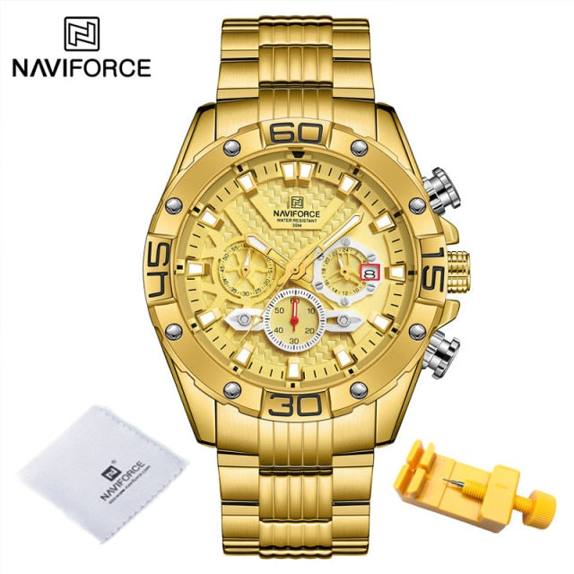 Mens NAVIFORCE  Gold Waterproof Steel Band Wristwatch