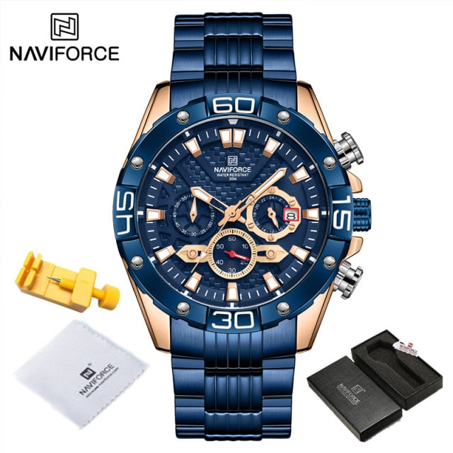 Mens NAVIFORCE  Gold Waterproof Steel Band Wristwatch