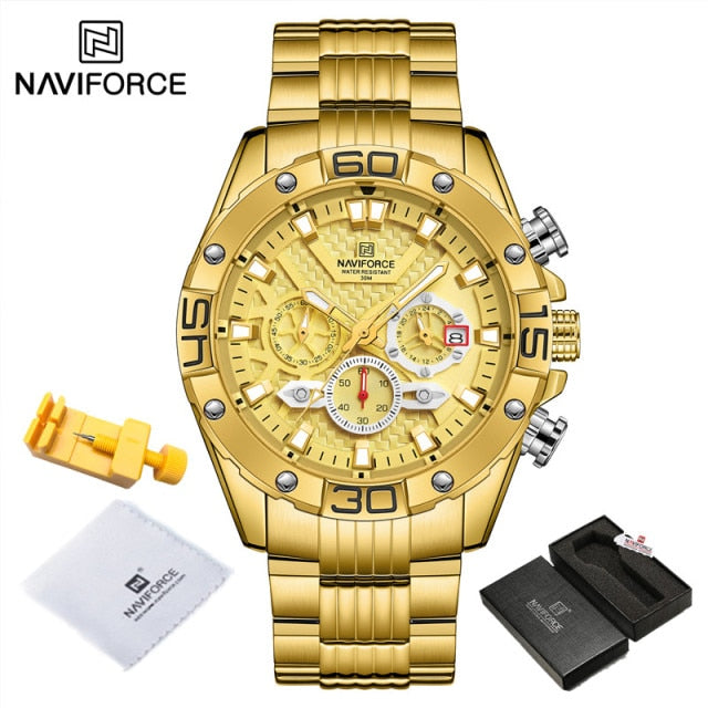 Mens NAVIFORCE  Gold Waterproof Steel Band Wristwatch