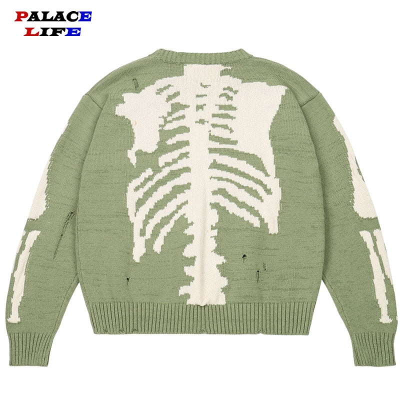 Men Oversized Sweater Green Loose Skeleton Bone Printing Woman High Quality High Street Damage Hole Vintage 1:1 Knitted Sweater