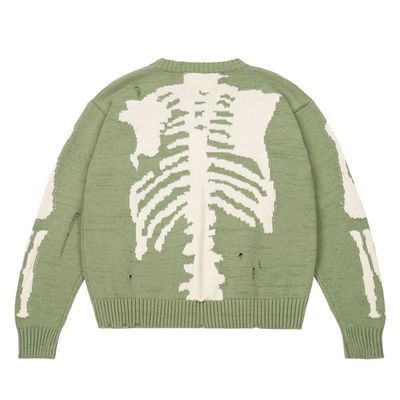 Men Oversized Sweater Green Loose Skeleton Bone Printing Woman High Quality High Street Damage Hole Vintage 1:1 Knitted Sweater