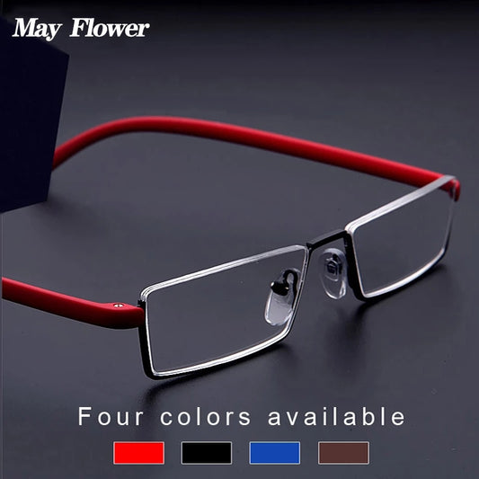 May Flower Metal Anti-Blue Light Reading Glasses Men Half Frame Prescription Eyeglasses Male TR90 Eyewear With Case óculos +1.75