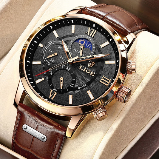 Mens LIGE  Leatherband Quartz Wristwatch