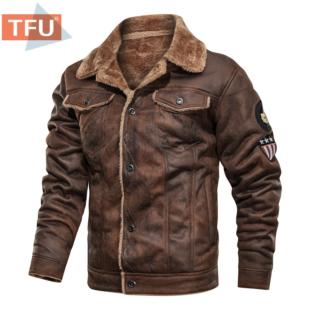 Thick Warm Fleece Leather Bomber Jacket