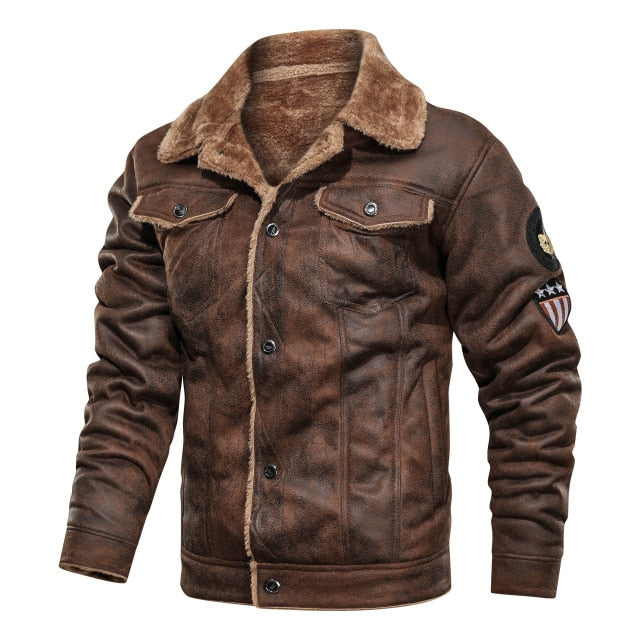 Thick Warm Fleece Leather Bomber Jacket