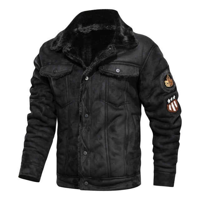 Thick Warm Fleece Leather Bomber Jacket