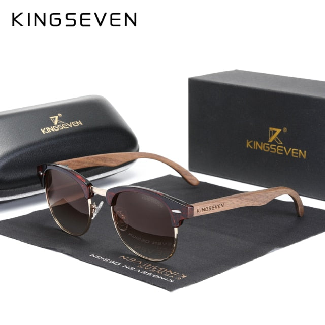 KINGSEVEN Handmade 2021 Black Walnut Wooden Sunglasses Men Polarized UV400 Protection Semi-Rimless Retro Eyewear Women Oculos