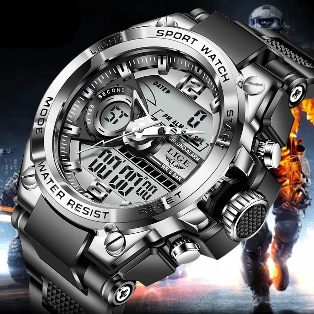 Mens LIGE Digital Military Watch 50m Waterproof Wristwatch LED