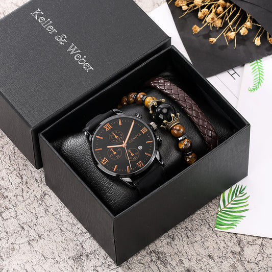 Men Watch/Bracelet Set Black Quartz Leather Strap