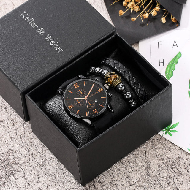 Men Watch/Bracelet Set Black Quartz Leather Strap