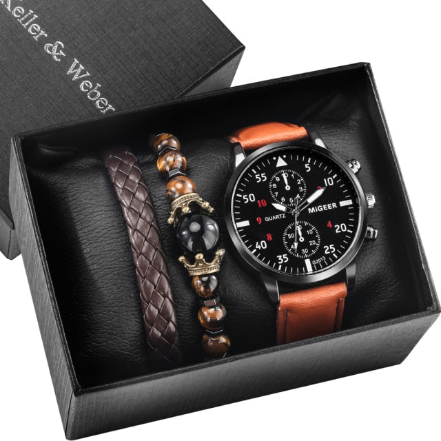 Men Watch/Bracelet Set Black Quartz Leather Strap