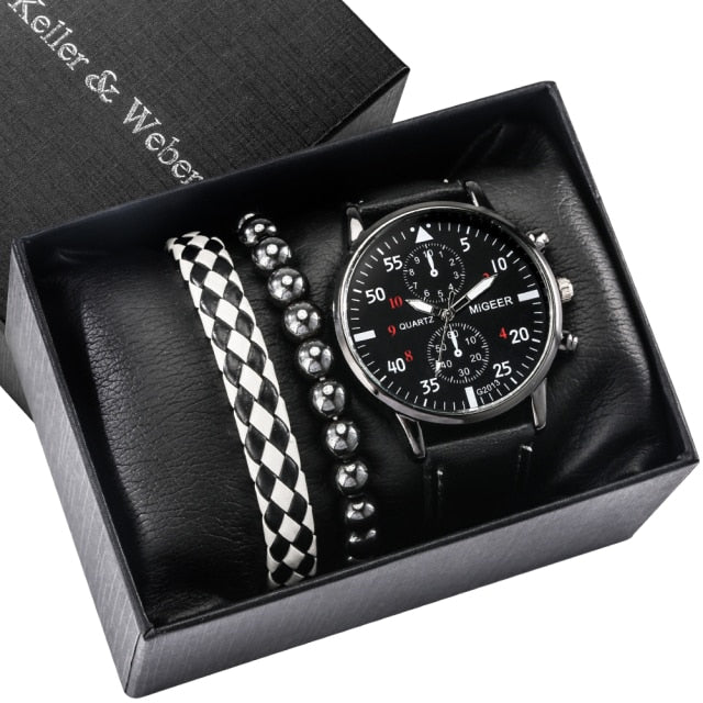 Men Watch/Bracelet Set Black Quartz Leather Strap