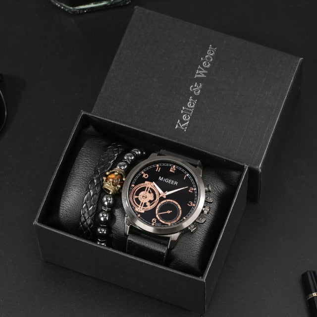 Men Watch/Bracelet Set Black Quartz Leather Strap