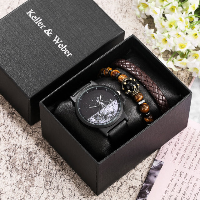 Men Watch/Bracelet Set Black Quartz Leather Strap