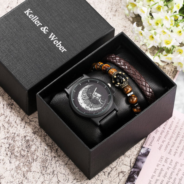 Men Watch/Bracelet Set Black Quartz Leather Strap