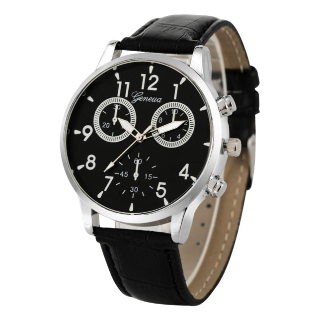 Men Watch/Bracelet Set Black Quartz Leather Strap