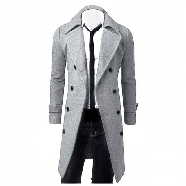 Mens Double-Breasted Long Trench Coat