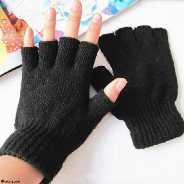 Black Short Fingerless Wool Knit Gloves for Women and Men