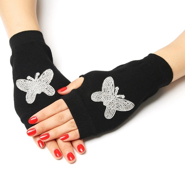 Black Short Fingerless Wool Knit Gloves for Women and Men