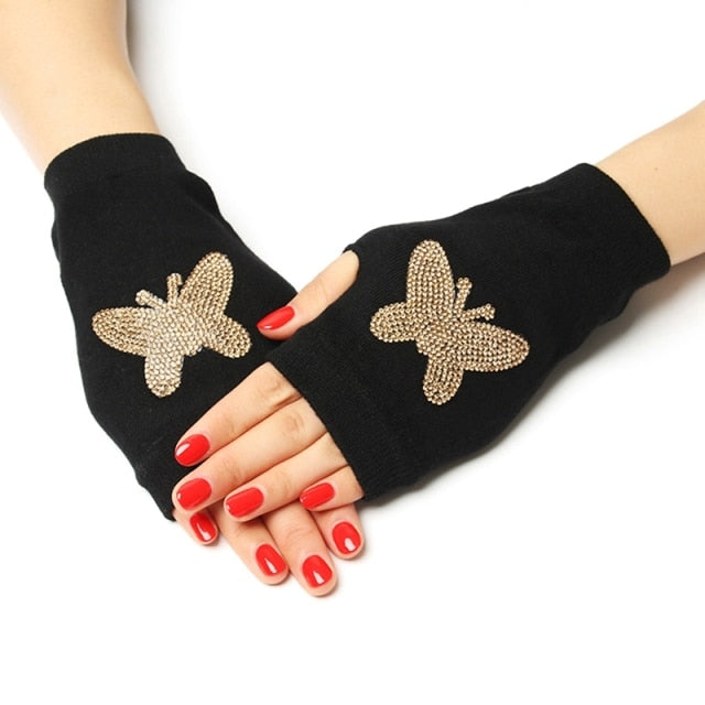 Black Short Fingerless Wool Knit Gloves for Women and Men