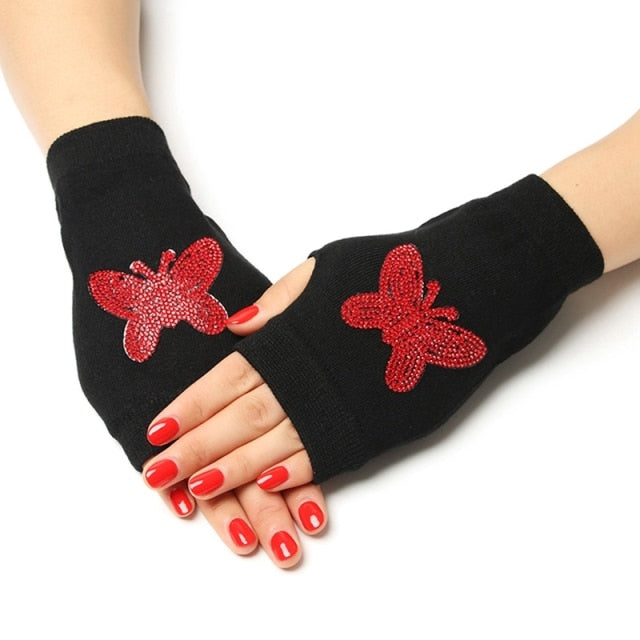 Black Short Fingerless Wool Knit Gloves for Women and Men