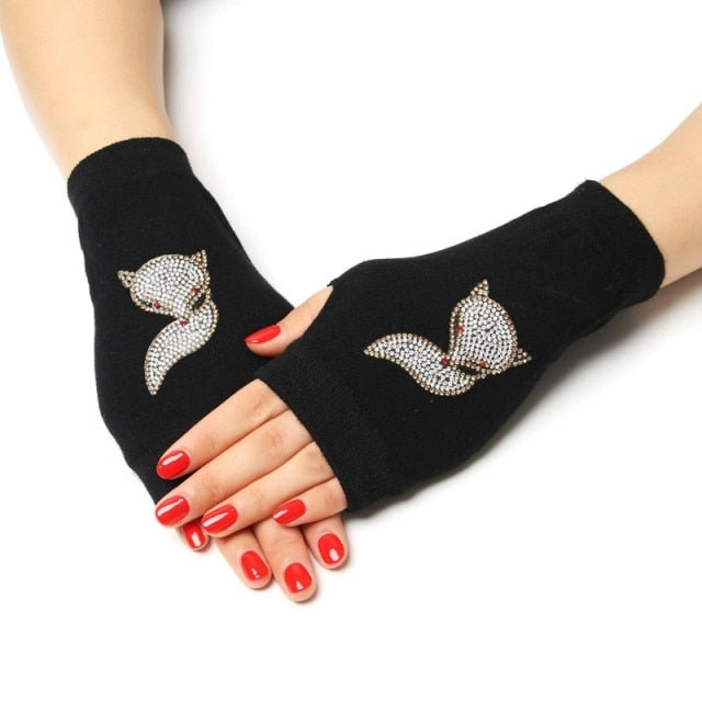 Black Short Fingerless Wool Knit Gloves for Women and Men