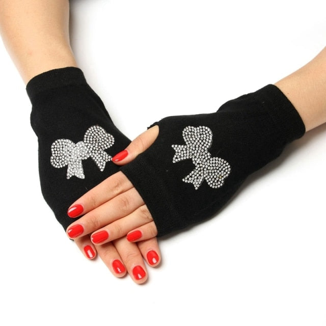 Black Short Fingerless Wool Knit Gloves for Women and Men