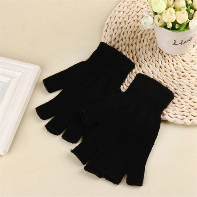 Black Short Fingerless Wool Knit Gloves for Women and Men