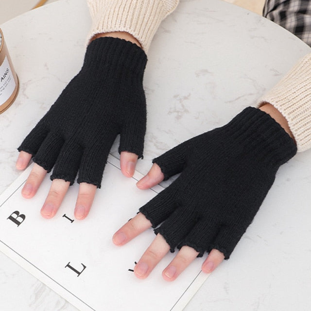 Black Short Fingerless Wool Knit Gloves for Women and Men