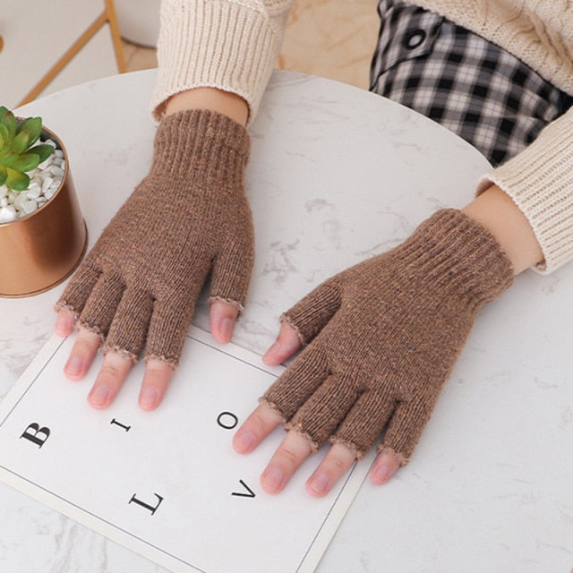 Black Short Fingerless Wool Knit Gloves for Women and Men