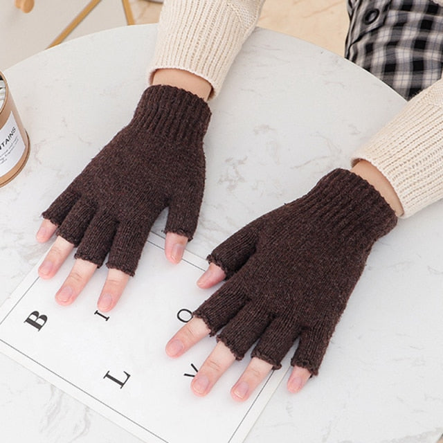 Black Short Fingerless Wool Knit Gloves for Women and Men