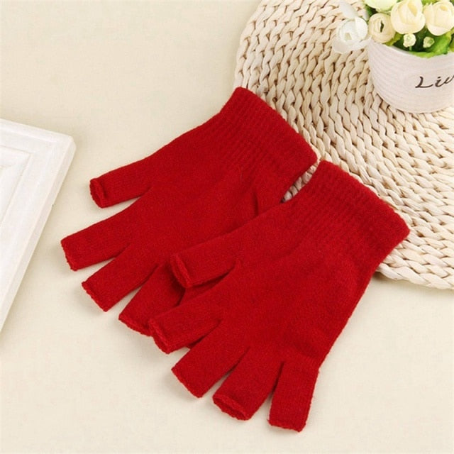 Black Short Fingerless Wool Knit Gloves for Women and Men