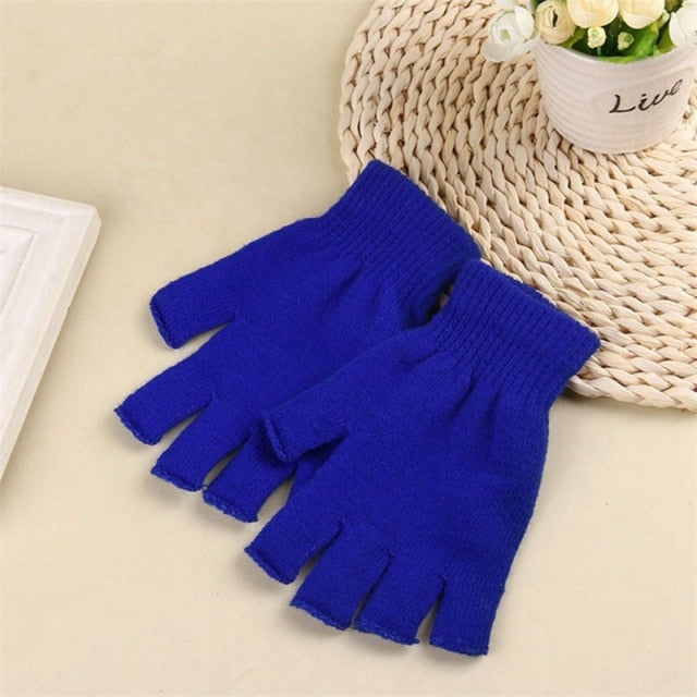 Black Short Fingerless Wool Knit Gloves for Women and Men