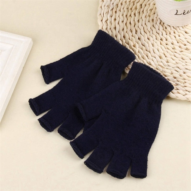 Black Short Fingerless Wool Knit Gloves for Women and Men